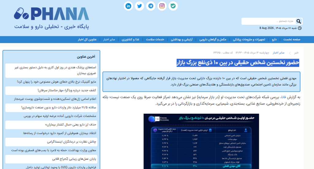 فانا؛ حضور نخستین شخص حقیقی در بین ۱۰ ذی‌نفع بزرگ بازار
